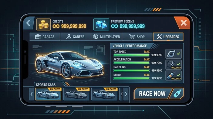 Asphalt Nitro MOD APK showing claimed unlimited currency and unlocked features