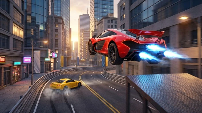 Asphalt Nitro racing gameplay with drifting and aerial stunts