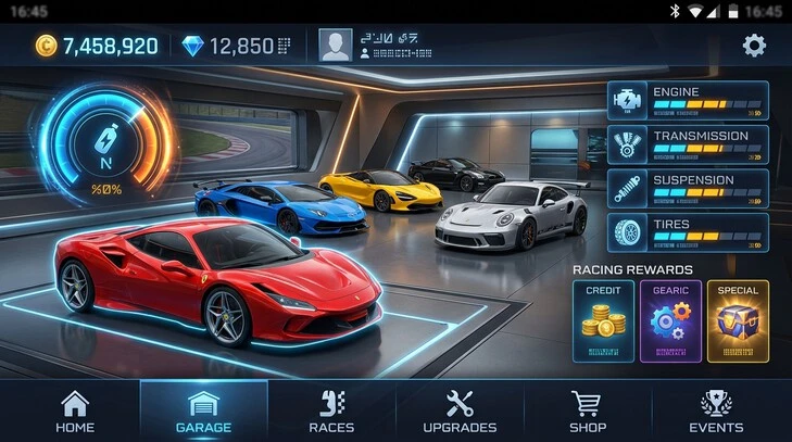 Asphalt Nitro features showing credits, unlocked cars and nitro upgrades