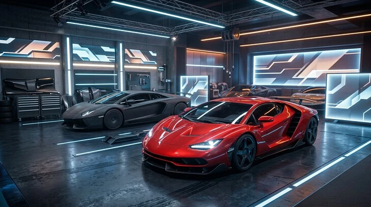 Asphalt Nitro style sports cars in a racing garage