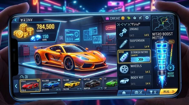 Asphalt Nitro Mod APK features including coins, nitro, unlocked cars and mod menu