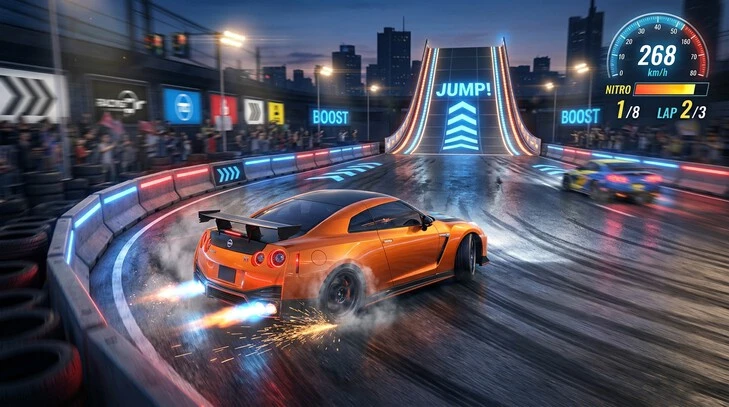 Asphalt Nitro racing features nitro drift and stunts