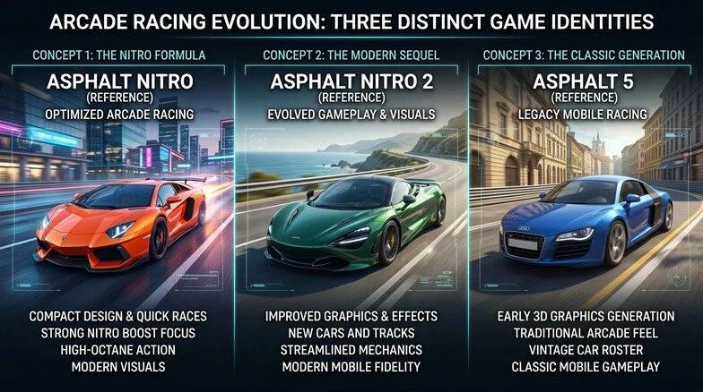 Asphalt Nitro vs Asphalt Nitro 2 vs Asphalt 5 comparison